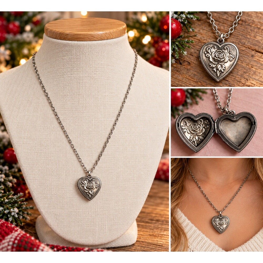 Vintage Style Silver Heart Rose Locket Necklace Romantic Cottagecore Jewelry